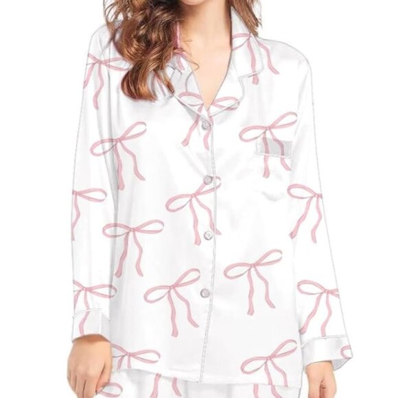 NEW Ladies Satin 2 Piece Bow Pajamas - Size XL - Picture 2 of 7